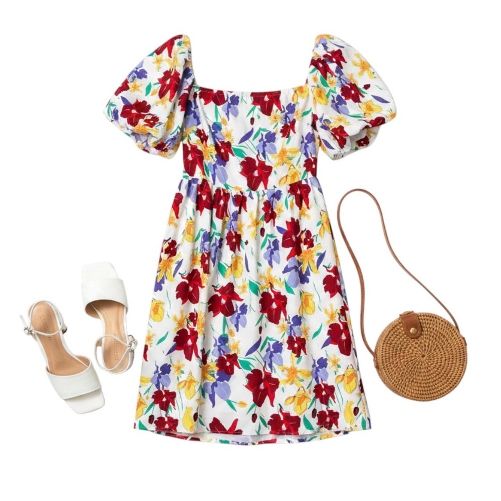 Shein Floral Puff Sleeve Mini Dress White Multi Square Neck Cottagecore XL 12